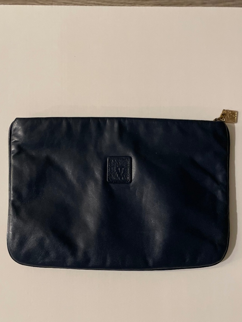 Vintage Anne Klein for Calderon Navy Blue Leather Clutch/Evening Bag Flat Pouch
